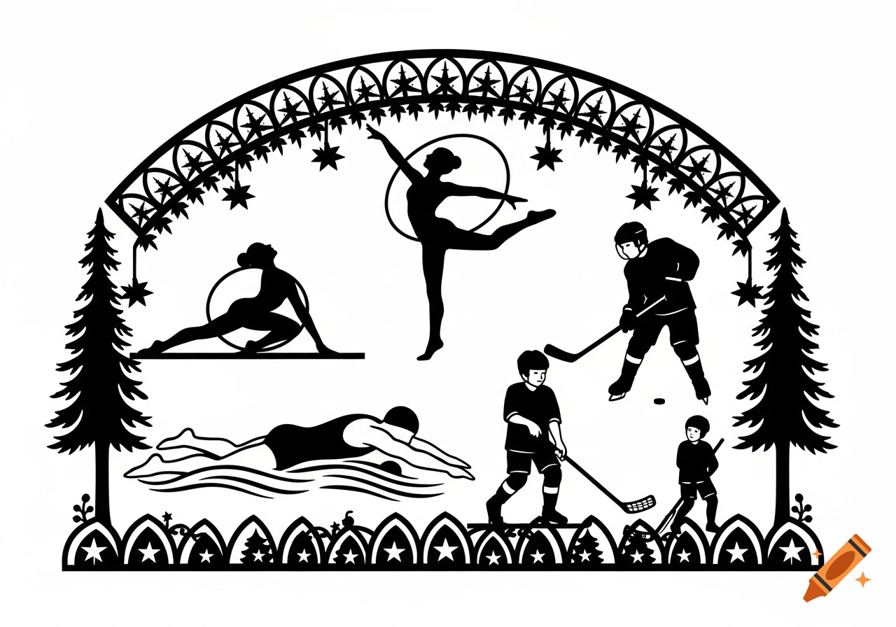 Black silhouette of a swimmer, gymnast, and hockey players framed by an arched border with stars and fir trees in traditional folk art style.