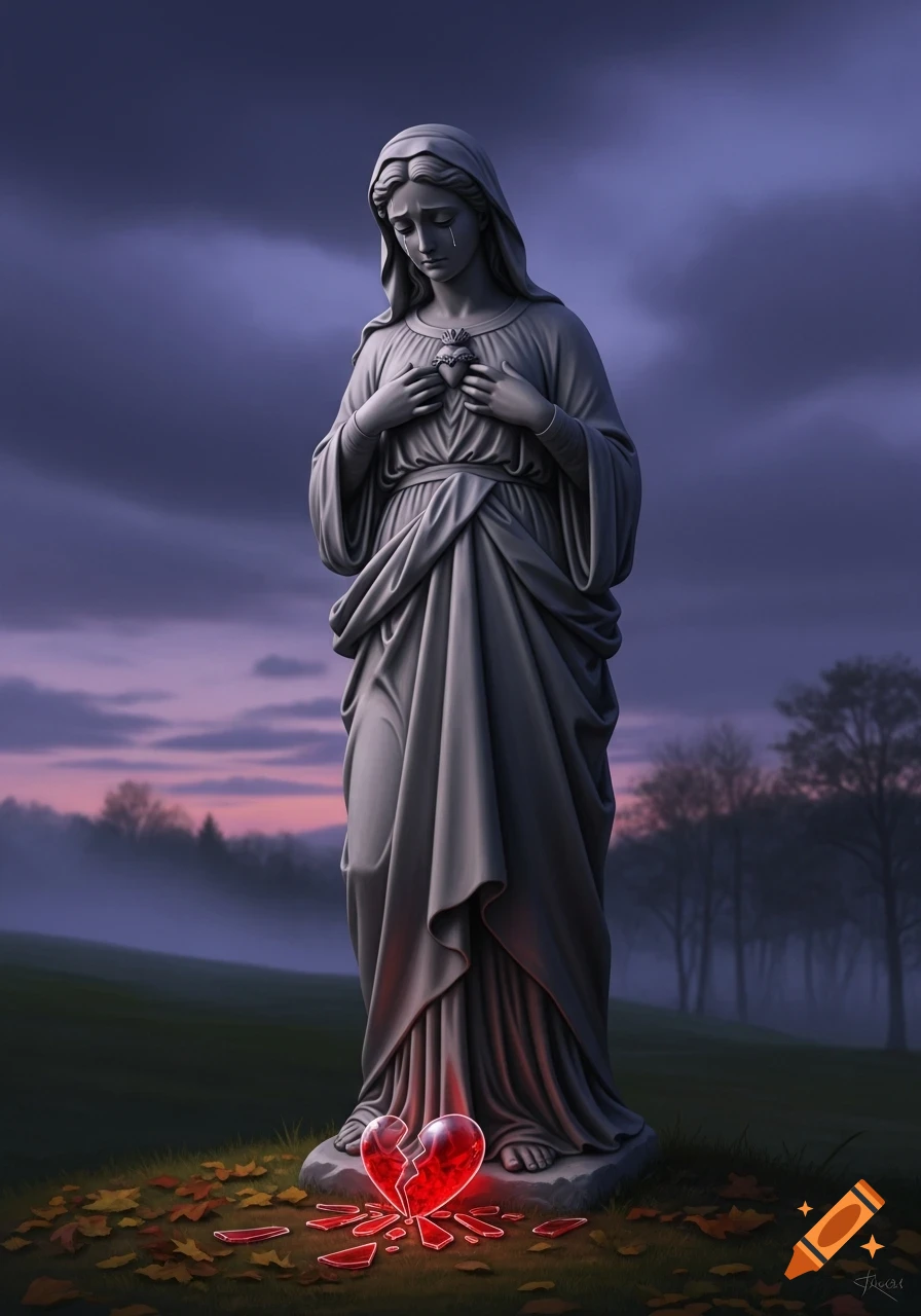 Grey statue of a grieving robed woman with hands over her heart, tears on her face. A glowing broken red glass heart lies at her feet on grassy ground with autumn leaves. Misty, dark landscape with trees in the background.