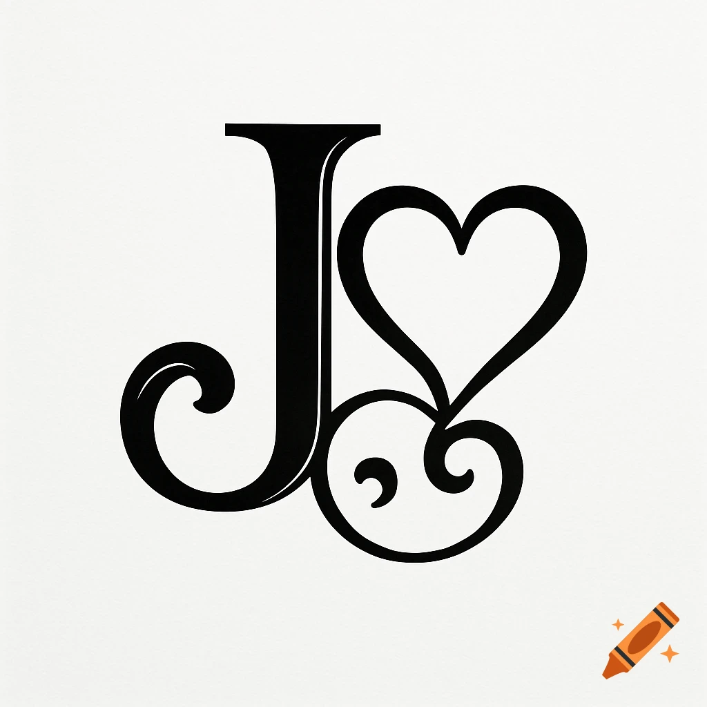 Black stylized letter J intertwined with a heart shape on a white background, in an elegant, old-money style.
