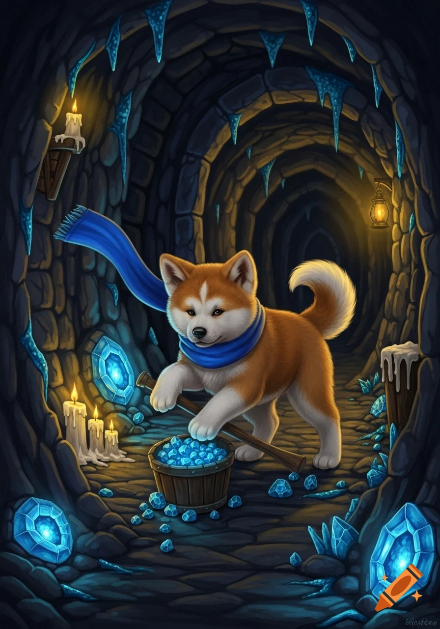 A cute Akita Inu puppy wearing a blue scarf, mining glowing blue crystals in a dark, candlelit gothic cave.