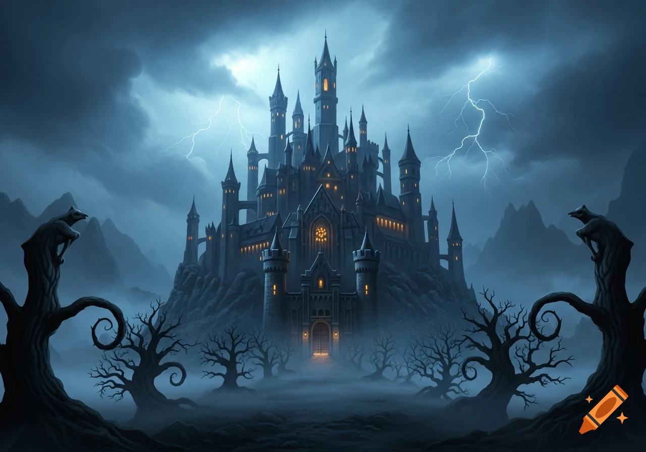 Dark gothic castle on a misty hill under a stormy sky with lightning ...