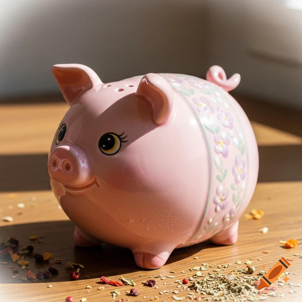 A pink ceramic piggy bank with wide eyes and a floral pattern on its body, sitting on a wooden surface with scattered spices.