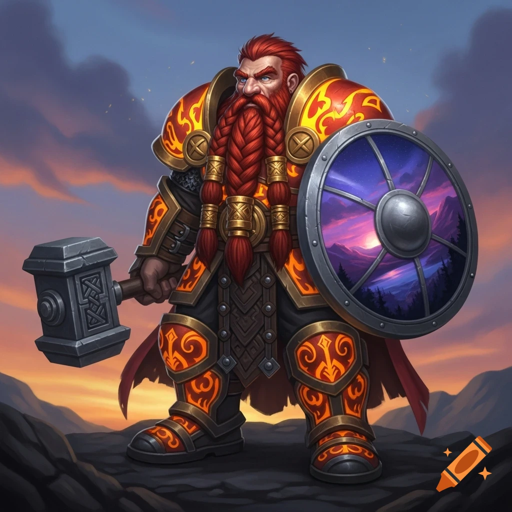 A formidable fantasy dwarf with a braided red beard and red and gold armor, holding a warhammer and a shield depicting a twilight landscape.