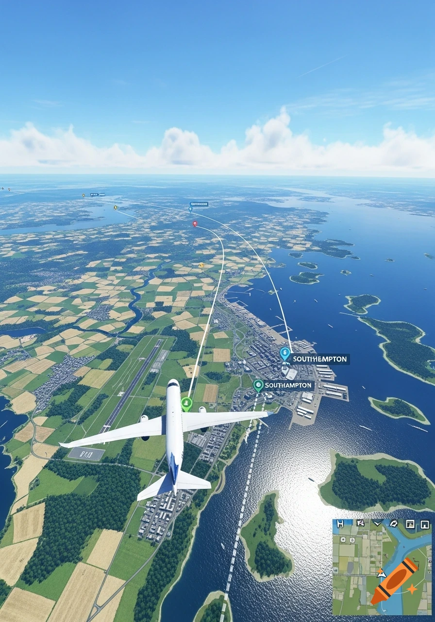 Aerial view from a flight simulator showing a white airplane flying over a detailed coastline, fields, and a city with navigation markers.