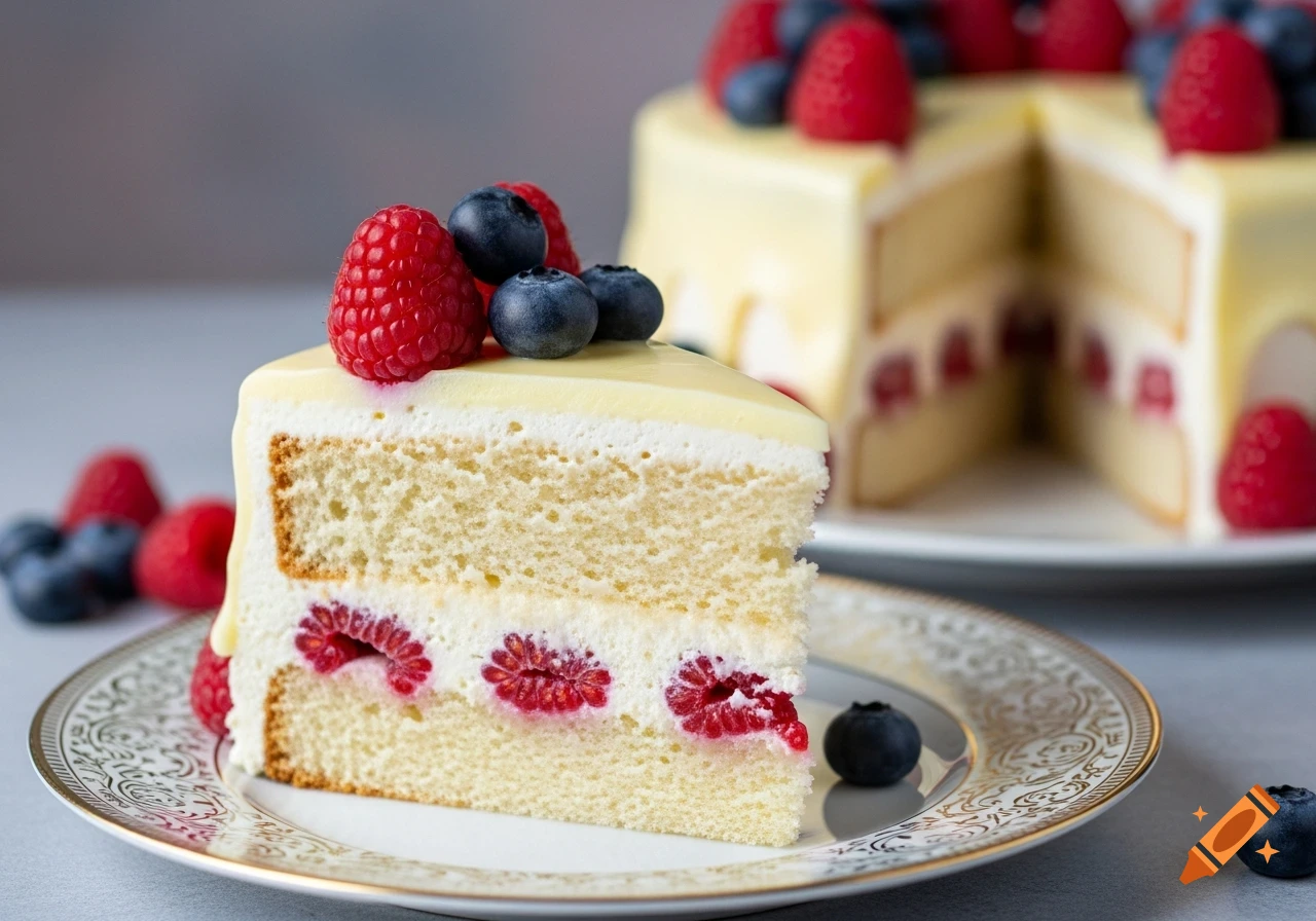 Photorealistic slice of white cake with vanilla ganache, raspberries, and blueberries on a decorative plate, with a whole cake in the background.