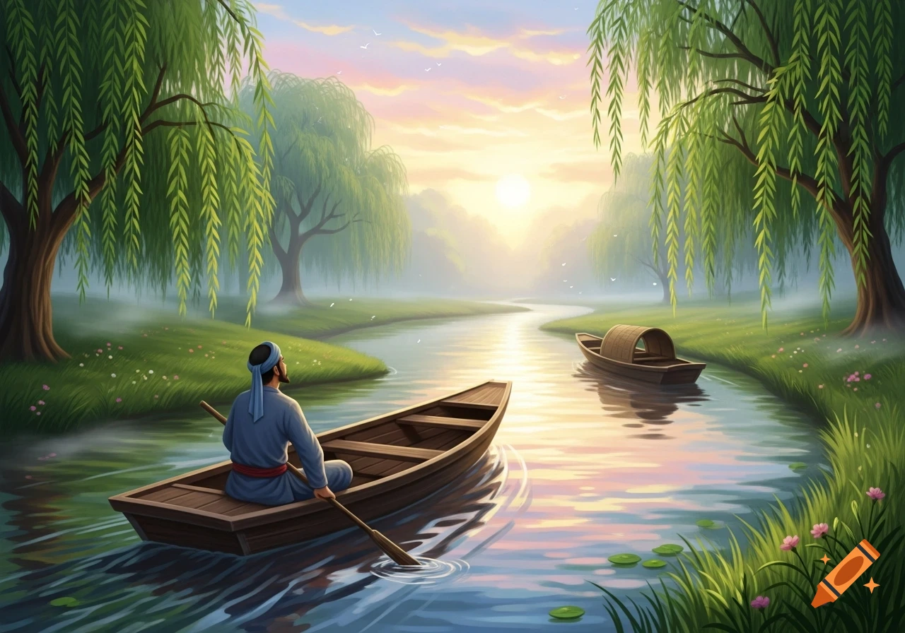 An illustrative landscape of a person in a boat paddling down a serene river at sunrise, flanked by weeping willows and mist.