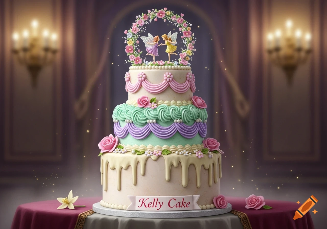 A whimsical tiered cake decorated with pink, mint, and purple frosting, topped with two fairy figurines and a floral wreath, with a banner reading 'Kelly Cake'.