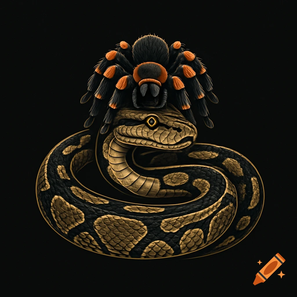 A detailed logo of a black and gold coiled python with a black and orange tarantula resting on its head, on a black background.