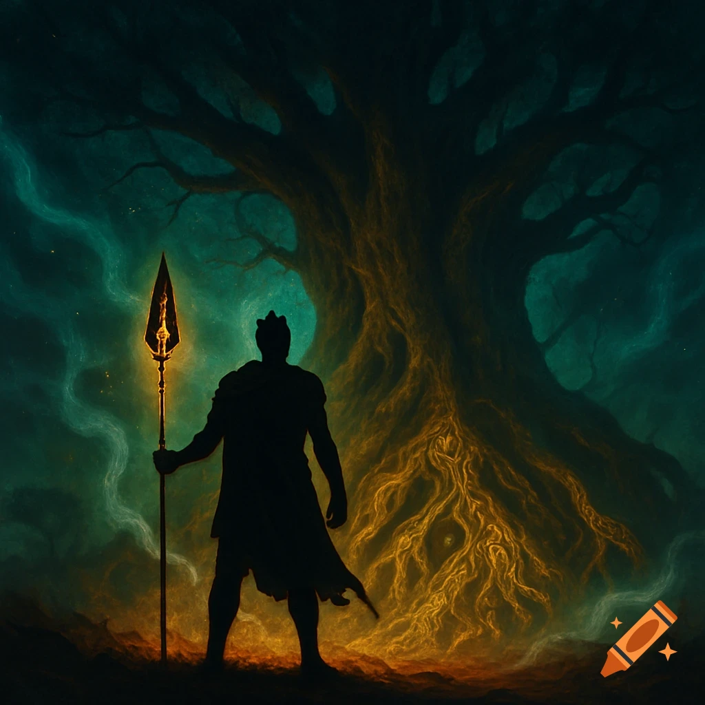 A silhouetted African guardian with a glowing spear stands before a mystical, ancient tree with glowing roots under an emerald and sapphire sky.