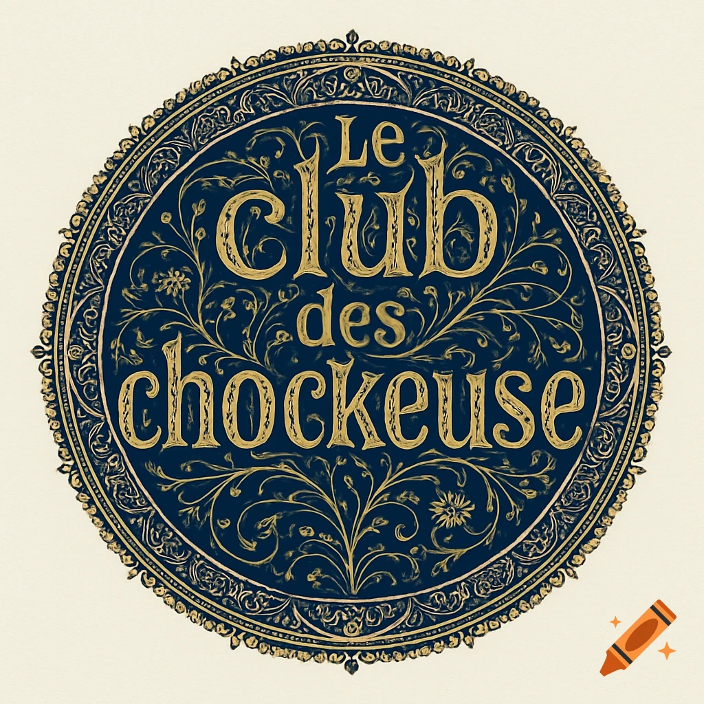 Gold and blue ornate circular emblem with "Le Club des chockeuse" text and floral motifs.