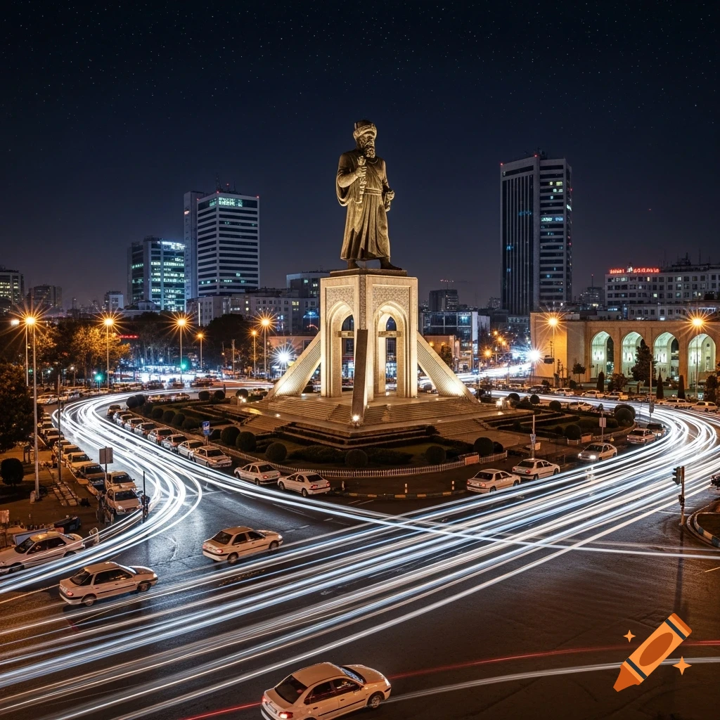 Photorealistic night cityscape with a bronze statue on a pedestal in a roundabout, encircled by car light trails, with city buildings under a starry sky.