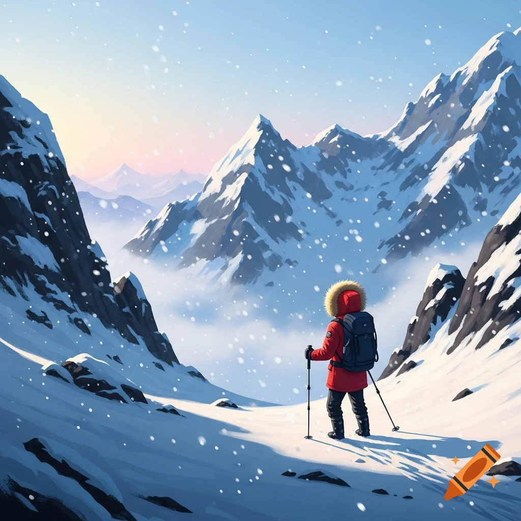 A person in a red jacket and backpack hikes through a snowy mountain landscape under a light snowfall.