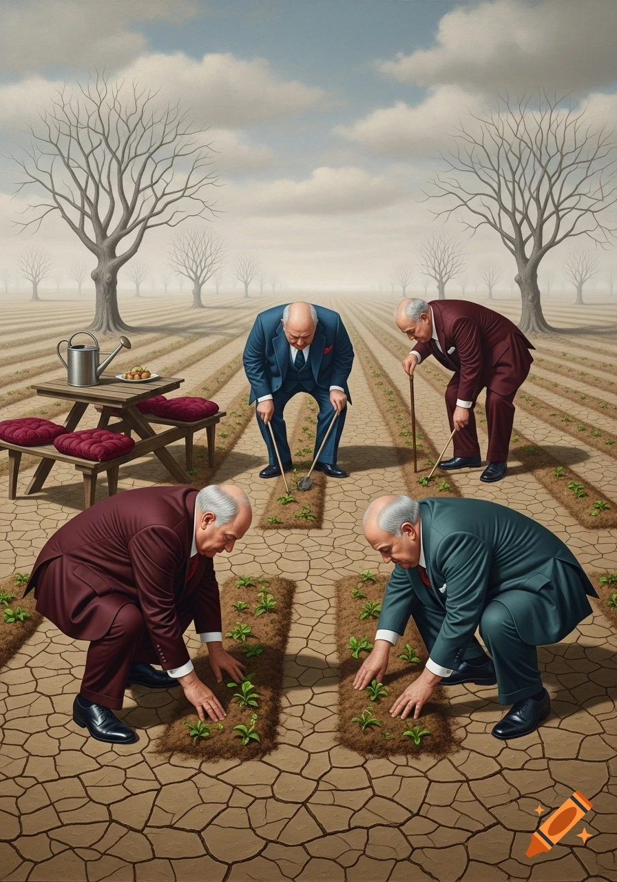 A painting depicts four bald, well-dressed old men gardening in a cracked, infertile field with bare trees under a cloudy sky.