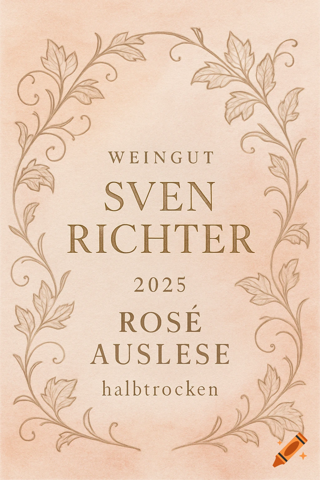A decorative wine label with a floral wreath, featuring the text "WEINGUT SVEN RICHTER 2025 ROSÉ AUSLESE halbtrocken" in a classic font on a peach background.