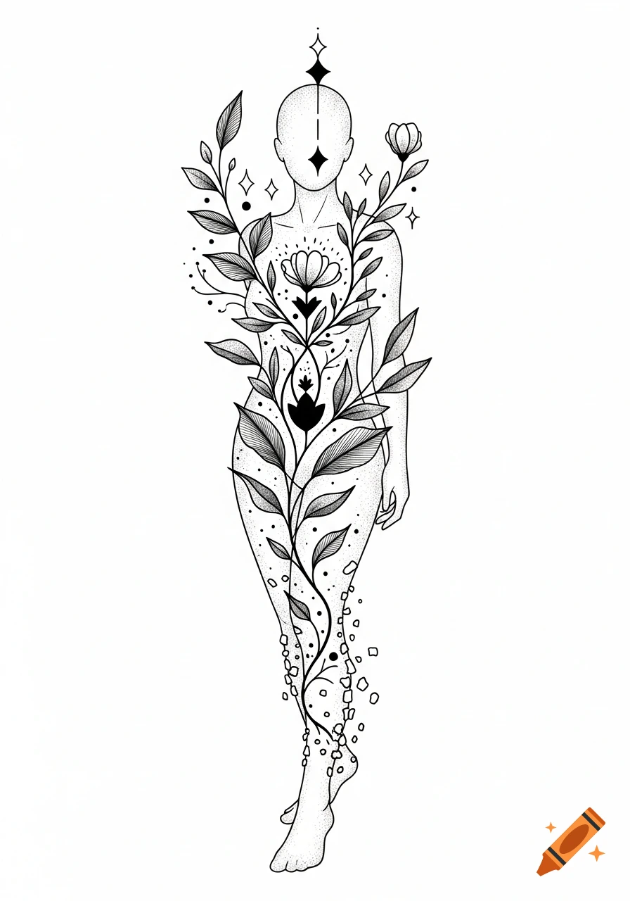 Black ink tattoo-style illustration of a stylized, genderless figure with botanical elements like leaves and flowers growing around it.