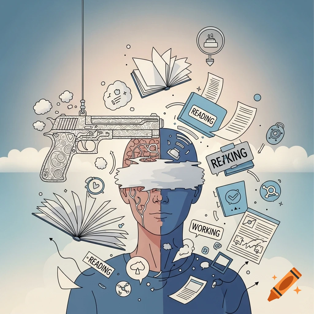 Surreal illustration of a person with a partially obscured face, split into two colors, surrounded by floating tasks, books, and a stylized gun.