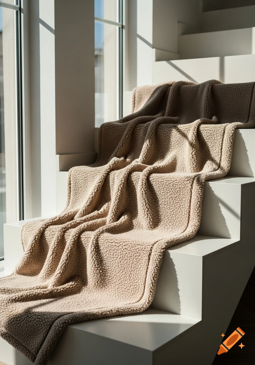 A beige teddy blanket draped over modern white stairs, illuminated by sunlight from a window, in a home interior.