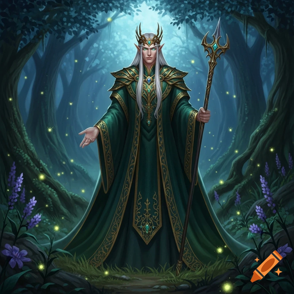 An elf king with long white hair, wearing a green and gold regal robe and crown, holds a staff in a glowing magical forest.