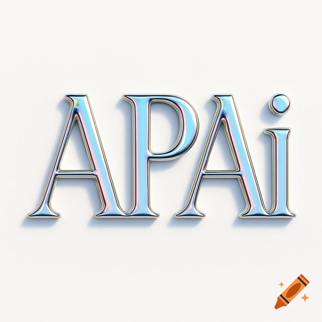 3D rendering of the letters 'APAi' in shiny, metallic, iridescent blue-pink lettering with shadows on a white background.