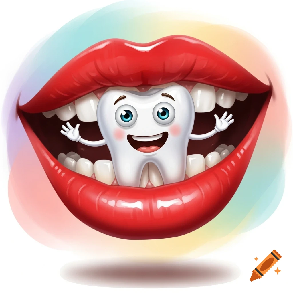 A cartoon illustration of smiling red lips with a happy, anthropomorphic tooth with eyes and hands waving in the center.