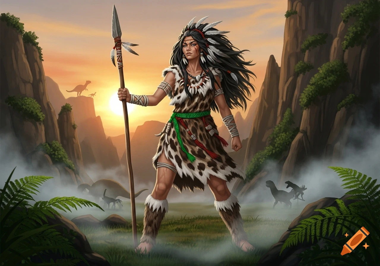 An illustration of a fierce cavewoman with a spear in a prehistoric valley at sunset, with dinosaurs in the background.