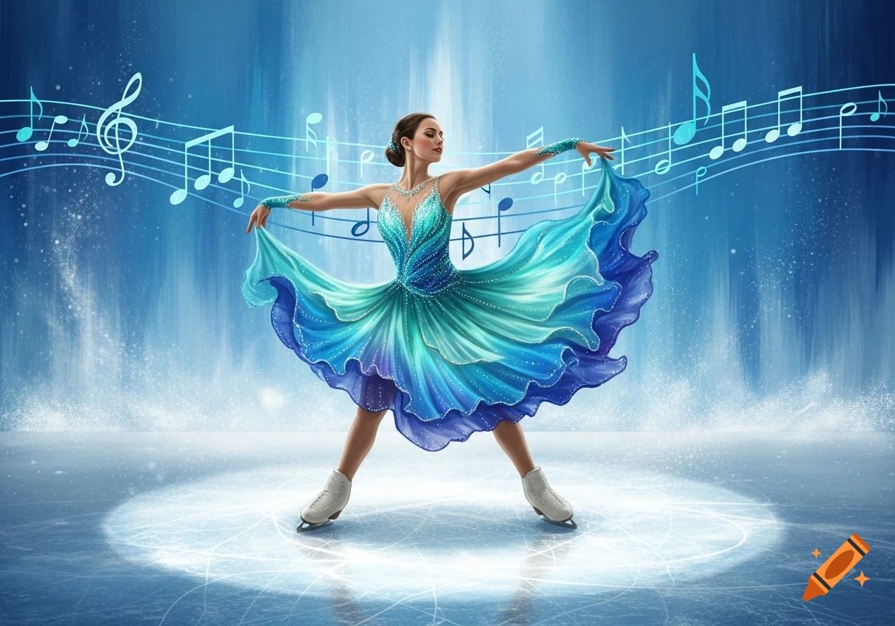 A figure skater in a shimmering blue and teal dress dances on ice, surrounded by floating musical notes and sparkling effects.