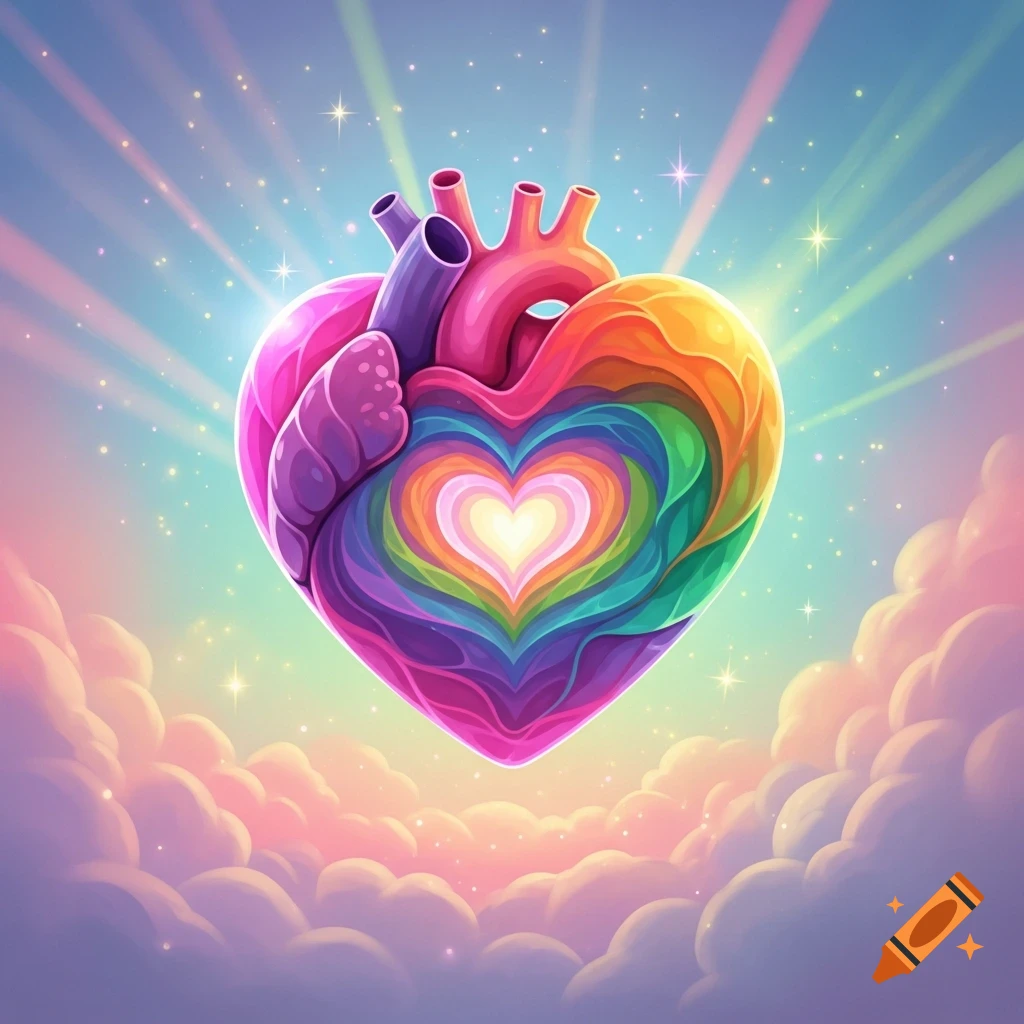 A vibrant, stylized anatomical heart in rainbow colors glows against a bright blue sky with pastel clouds and sparkling light rays.
