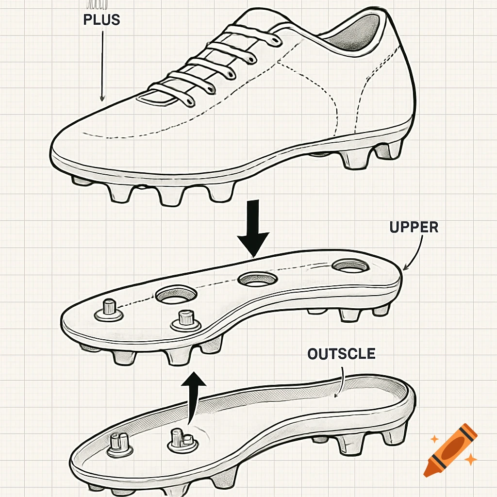 An exploded diagram showing a soccer cleat disassembled into its upper and outsole components on a grid background.