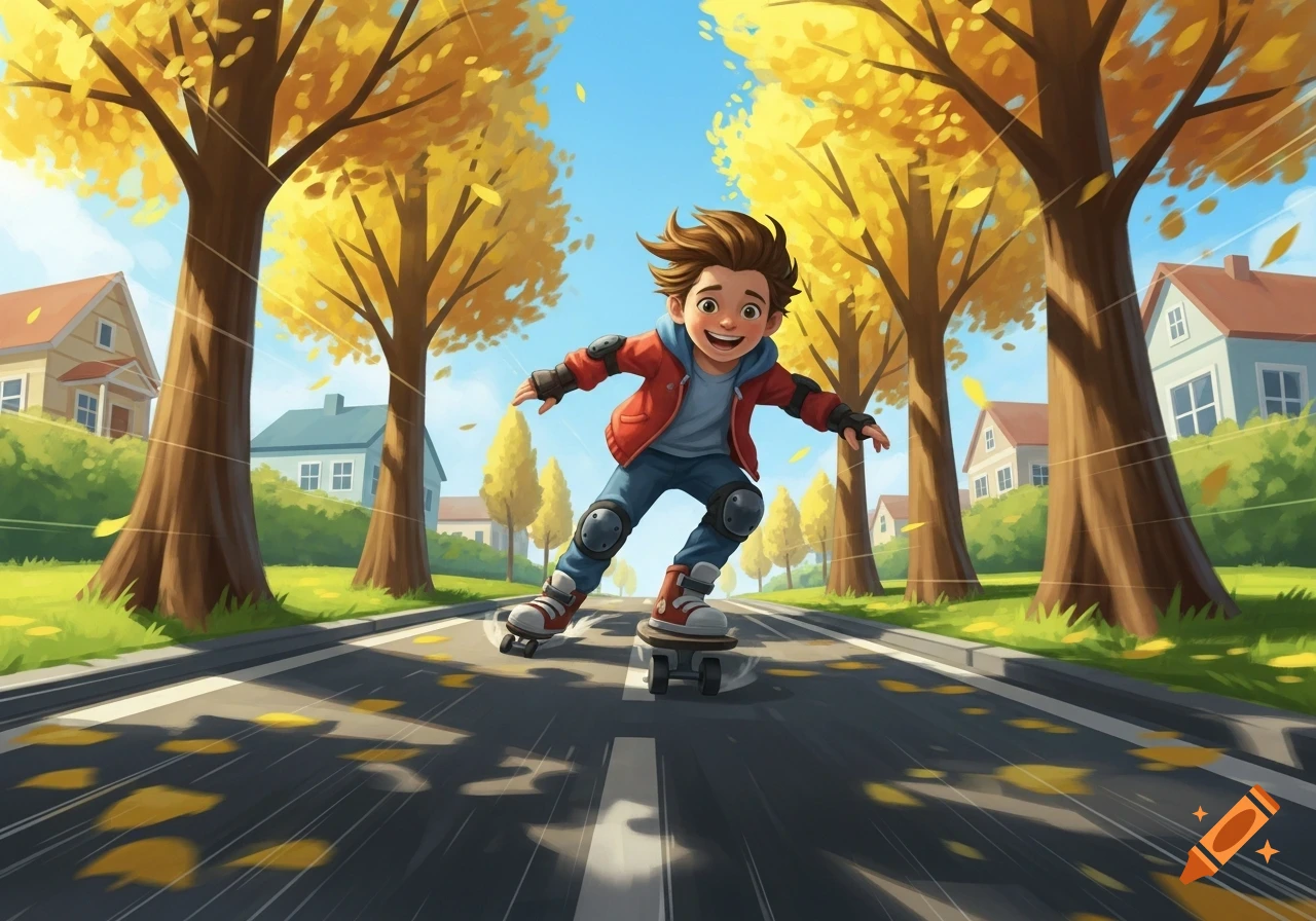 A happy cartoon boy in protective gear skateboards down an autumn street lined with golden trees and houses under a blue sky.