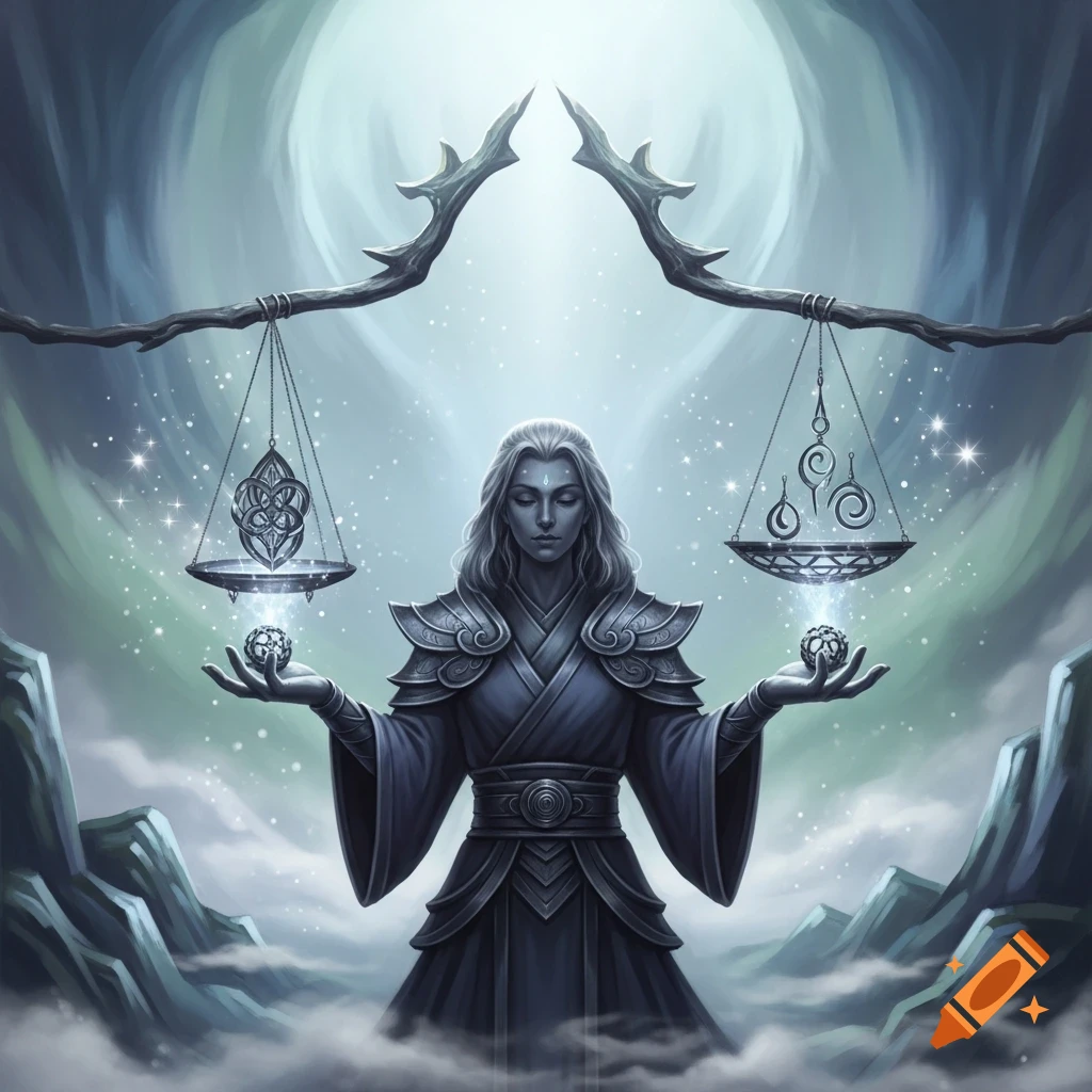 A grey-skinned, cloaked figure holds glowing orbs beneath mystical scales, set against a cloudy mountain backdrop in a fantasy art style.