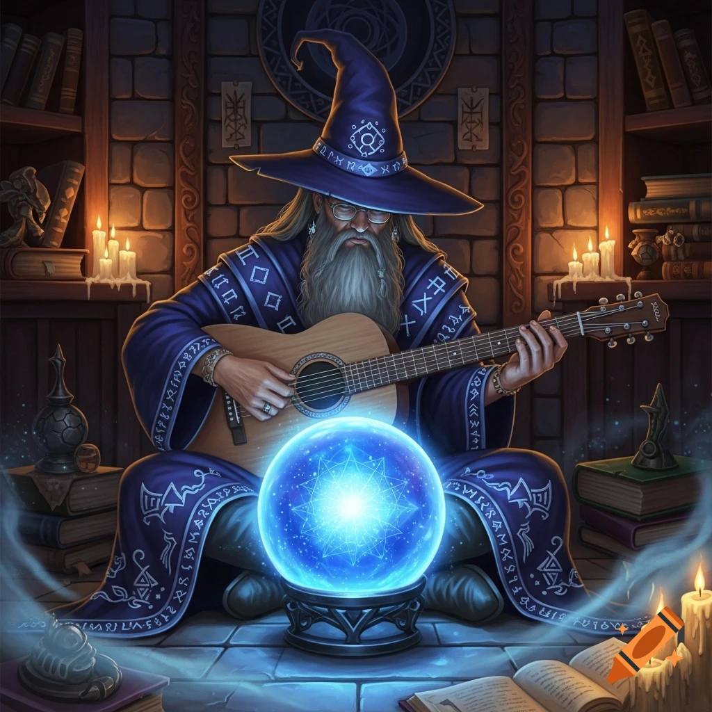 A grey-bearded wizard in a purple robe and hat plays an acoustic guitar by a glowing blue crystal ball in a candlelit stone room.