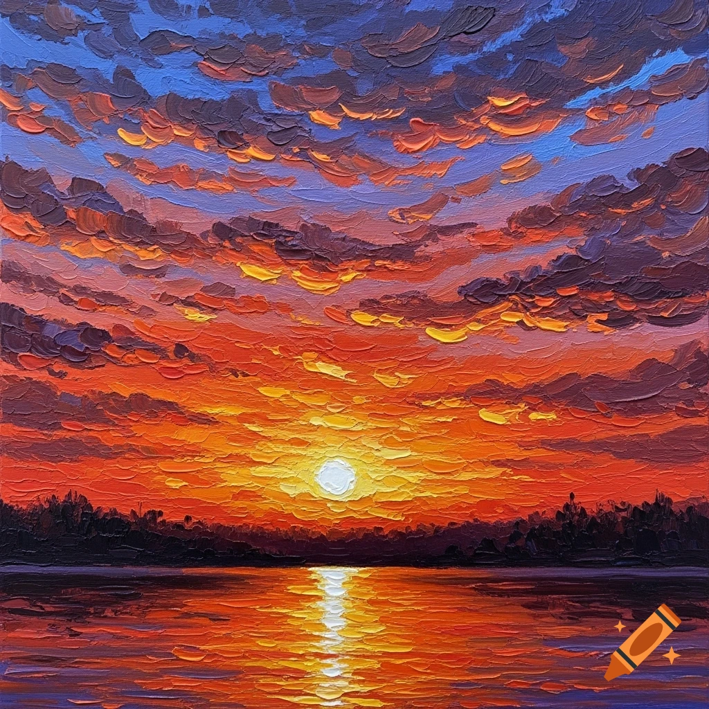Vibrant impasto oil painting of a sunset sky with orange and red clouds ...