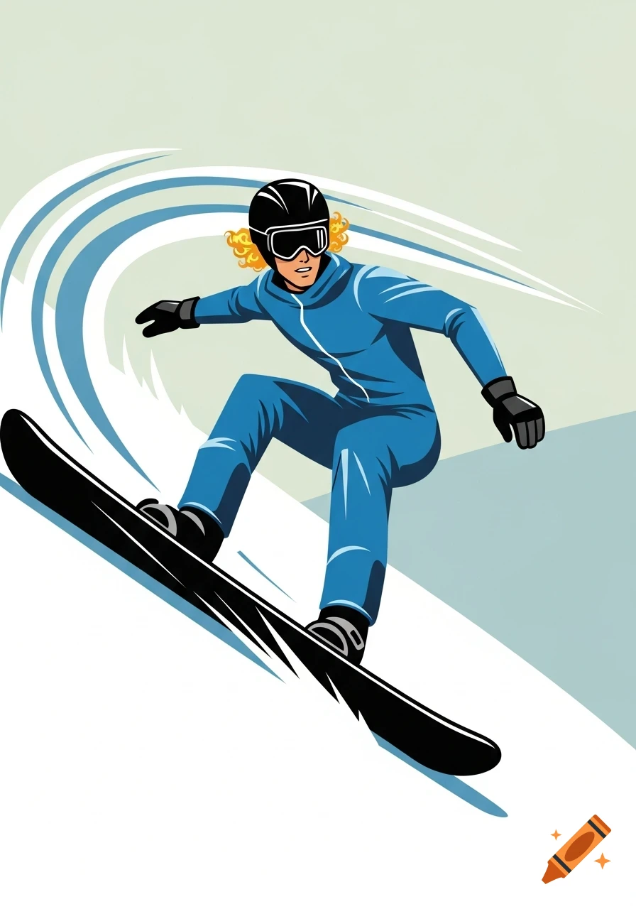 A stylized illustration in mid-century style of a snowboarder with blonde curly hair, black helmet, blue suit, and black snowboard.