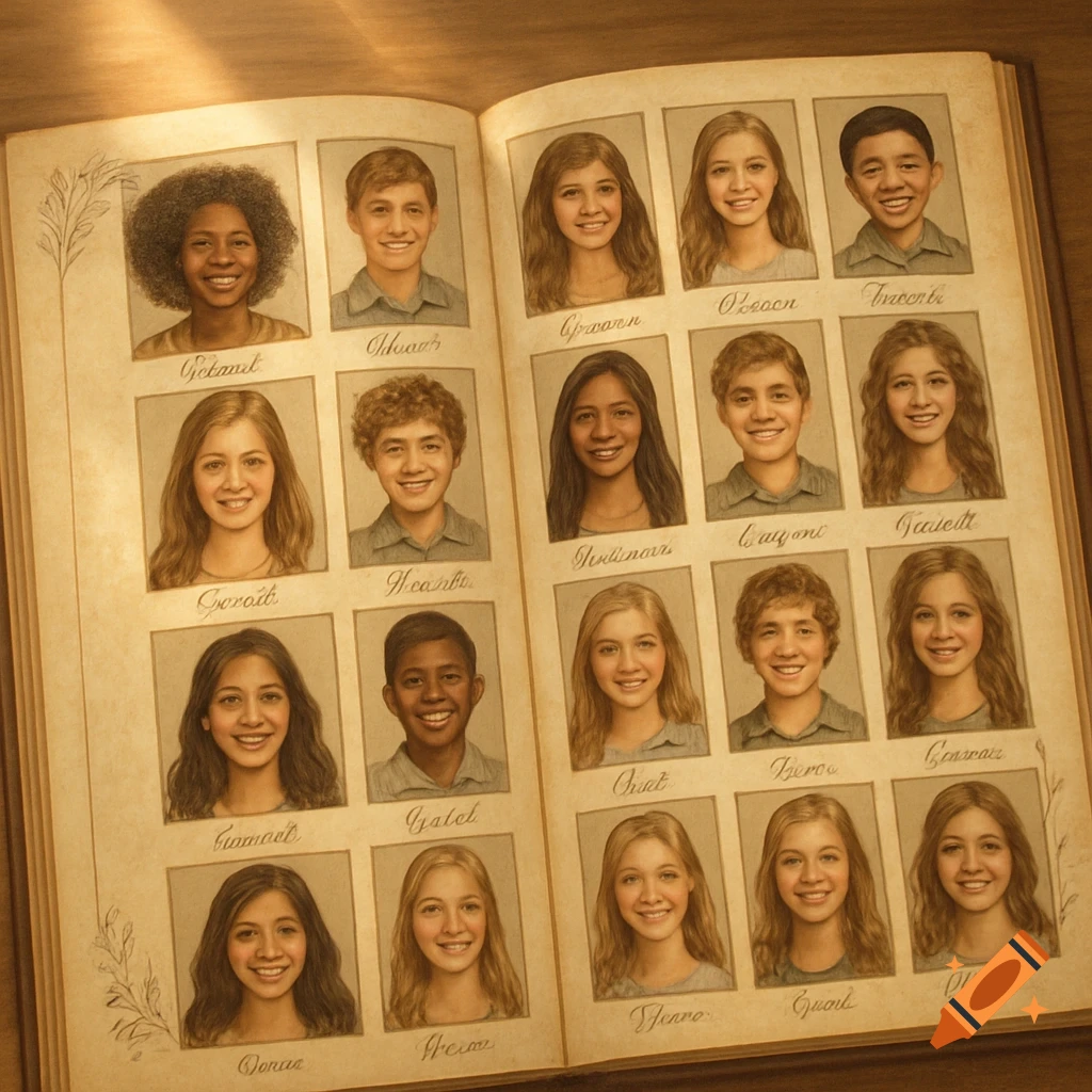 An open school yearbook showing multiple drawn portraits of smiling students, each with a name beneath.