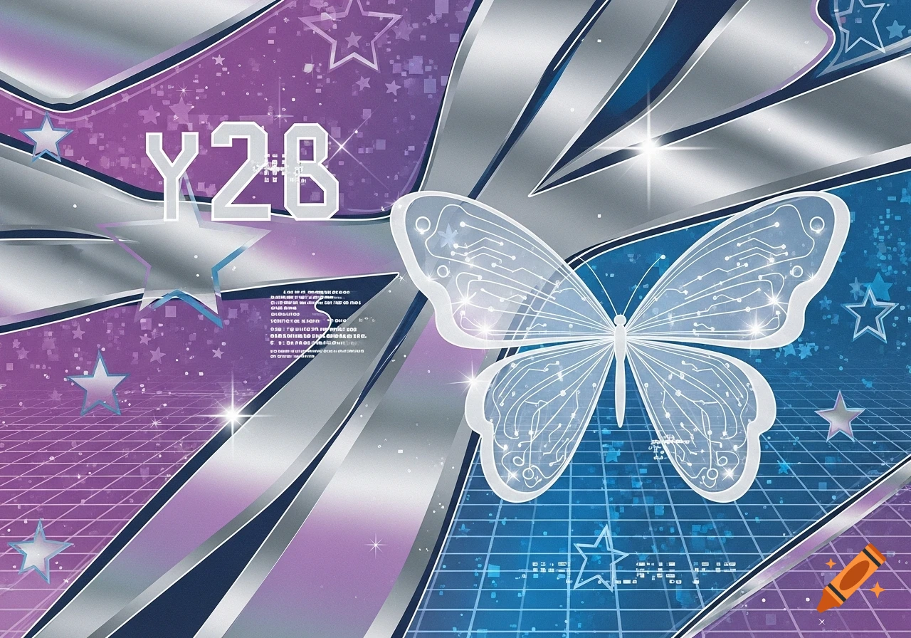 A Y2K-inspired digital graphic with a transparent butterfly, stars, text "Y28", and grid patterns in metallic purple and blue.