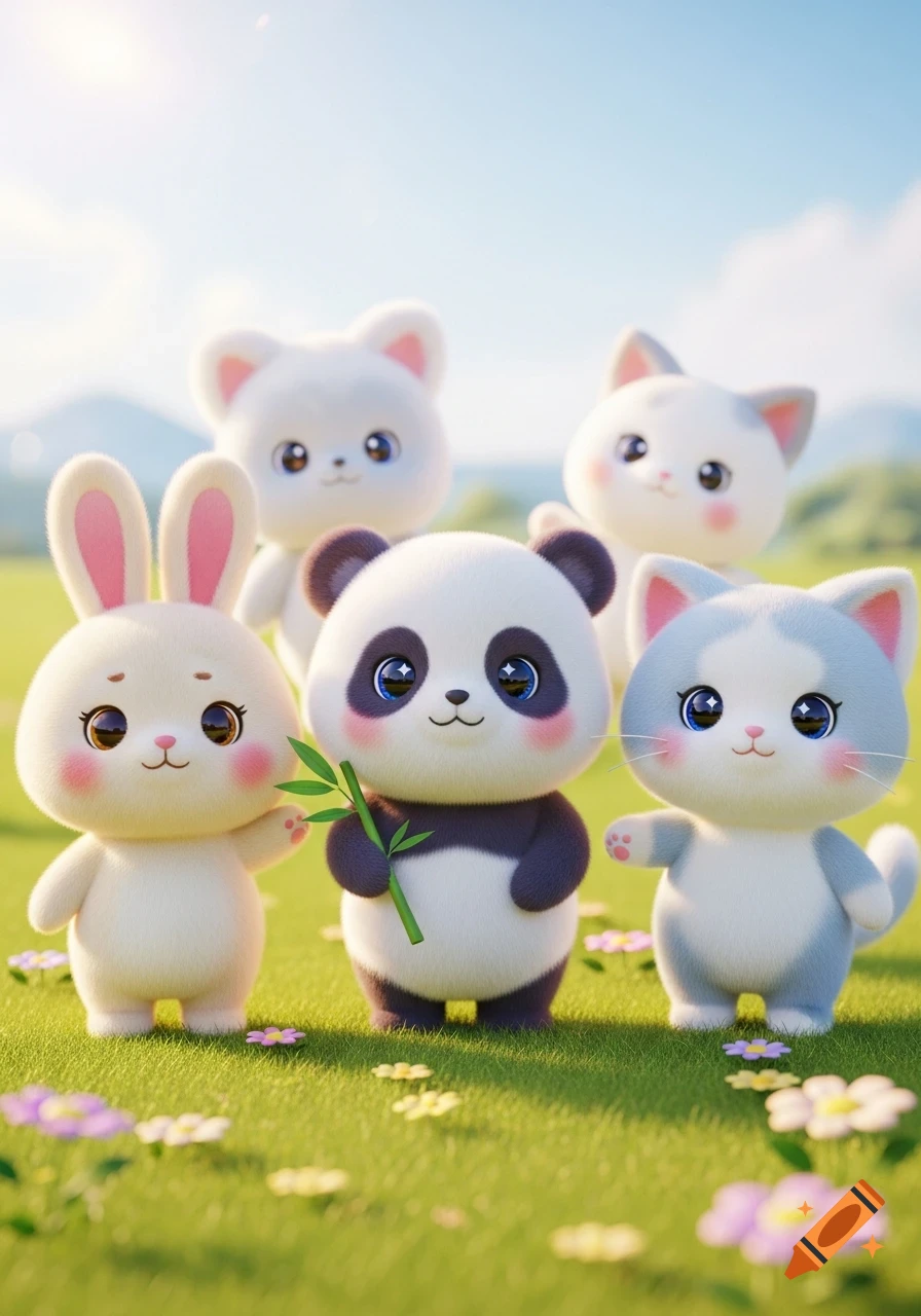 Five cute 3D kawaii animals, including a rabbit, panda, and cats, stand in a sunny, grassy field with flowers.
