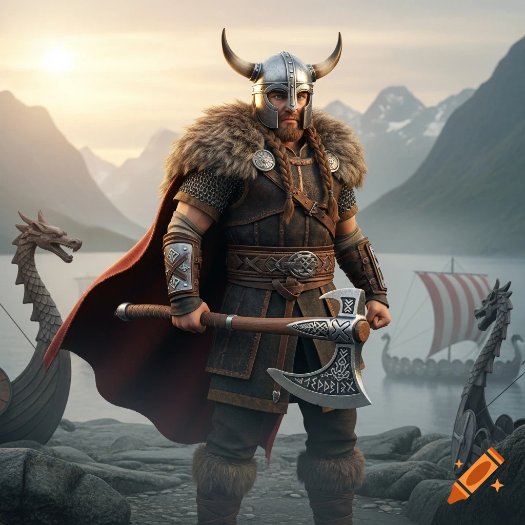 A majestic 3D rendered Viking warrior in horned helmet and fur-trimmed armor stands by a fjord, holding a decorated axe, with longships and mountains in the background at sunset.