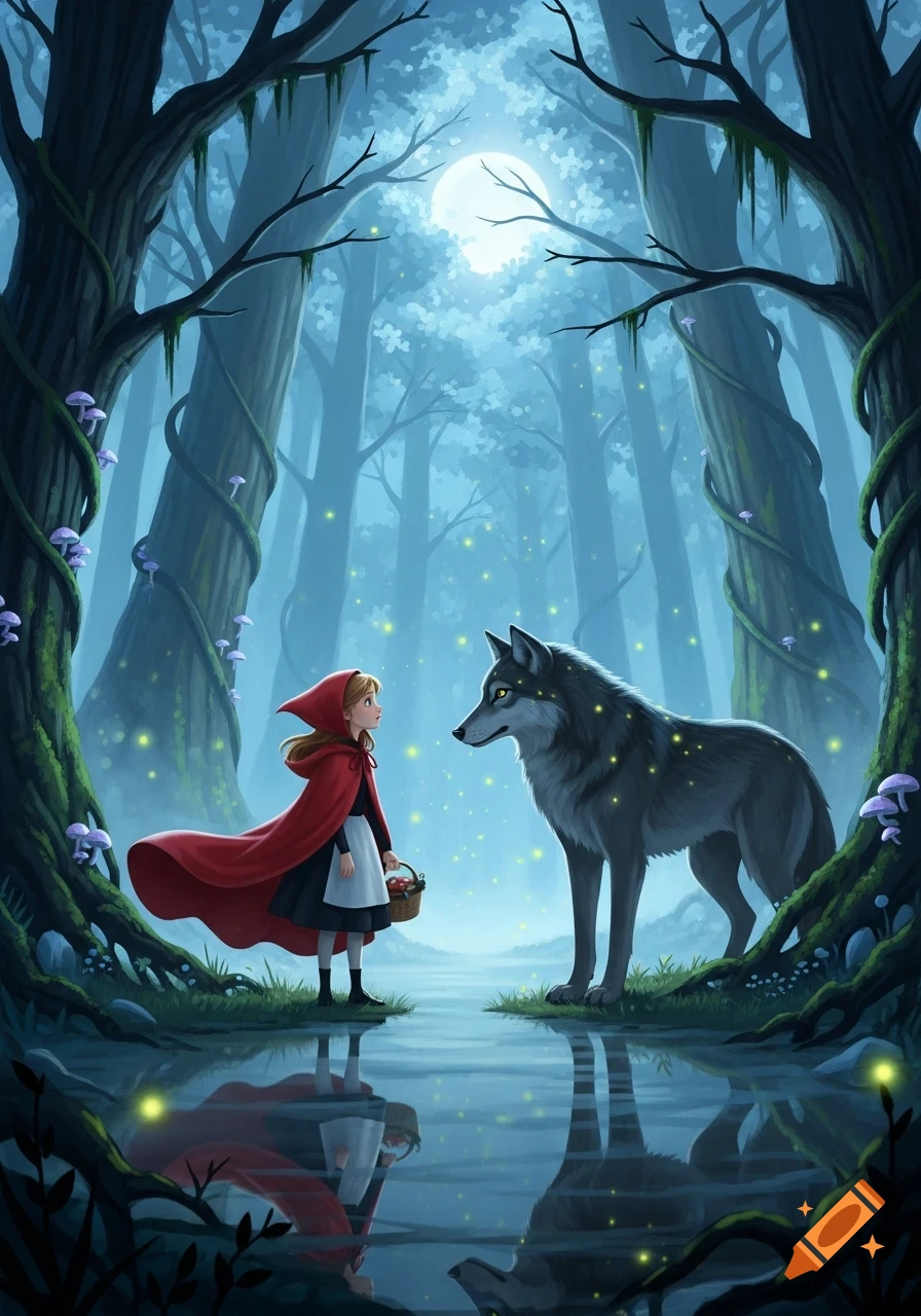 Little Red Riding Hood with a wolf in an enchanted forest at night, under a full moon, reflected in water, digital art.