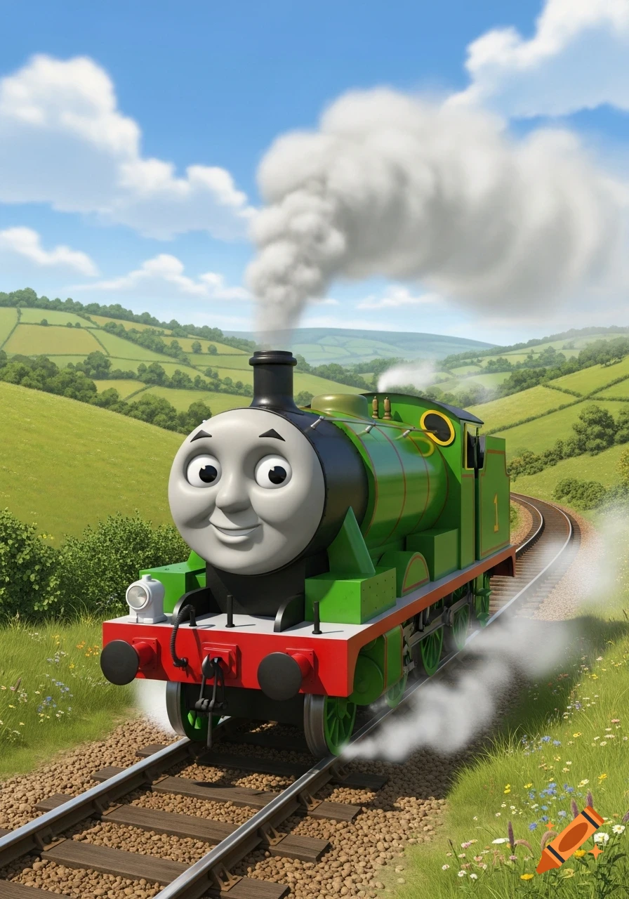 A smiling green cartoon train, resembling Percy from Thomas & Friends, with the number 1 on its side, rides tracks through a hilly green landscape under a blue sky.