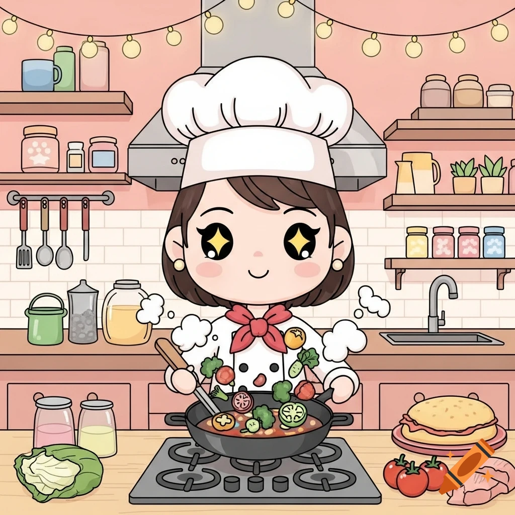 A cute, chibi-style female chef with star eyes cooks vegetables in a pan on a stove in a pink kitchen with shelves and string lights.