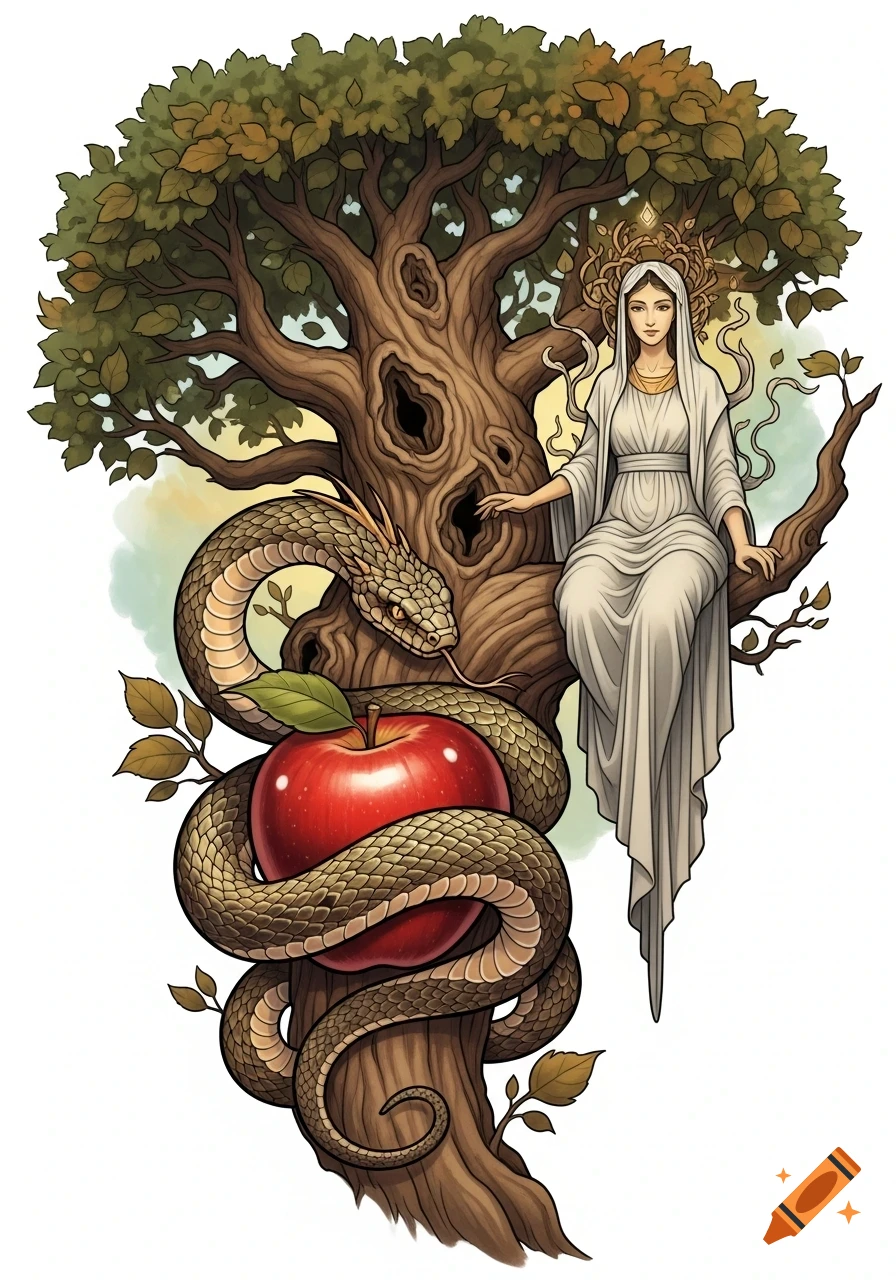 Stylized illustration of a woman in white robes sitting on a gnarled tree, a snake coils around the trunk holding a red apple.