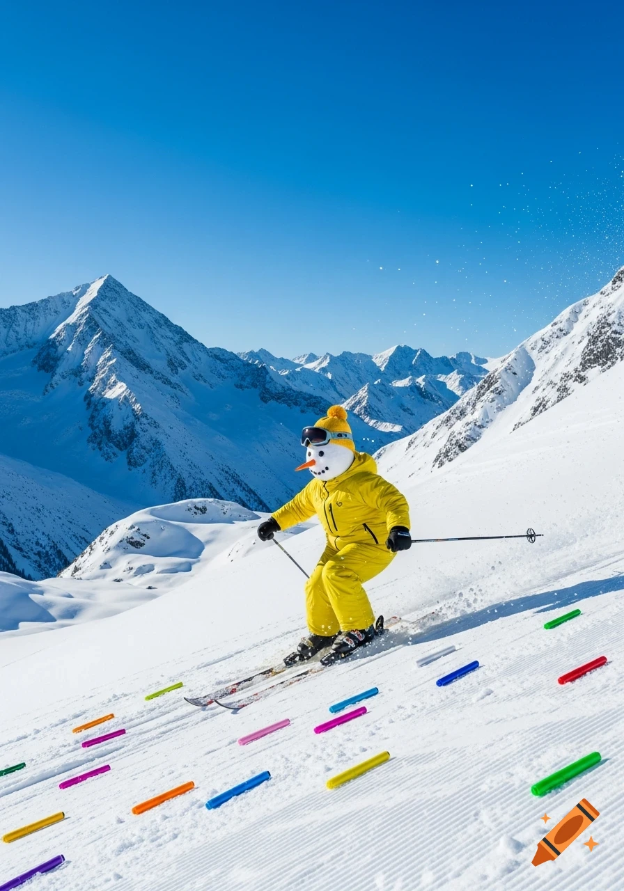 A person in a snowman costume wearing a yellow ski suit and goggles skis down a snowy mountain slope dotted with colorful felt-tip pens, under a clear blue sky.