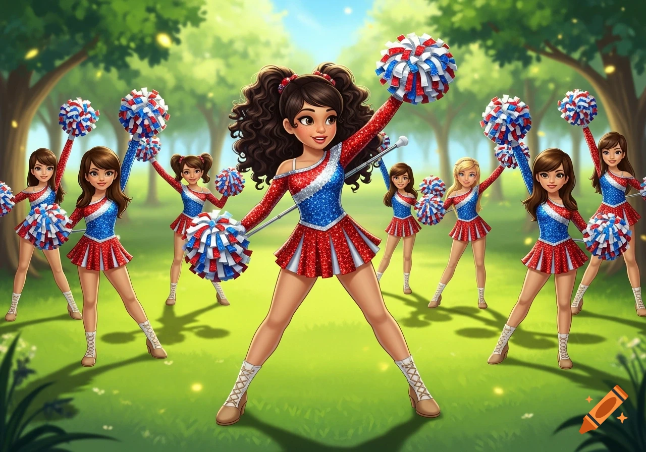 A cartoon squad of girls in red, white, and blue sequined uniforms holding pom-poms and batons in a park.