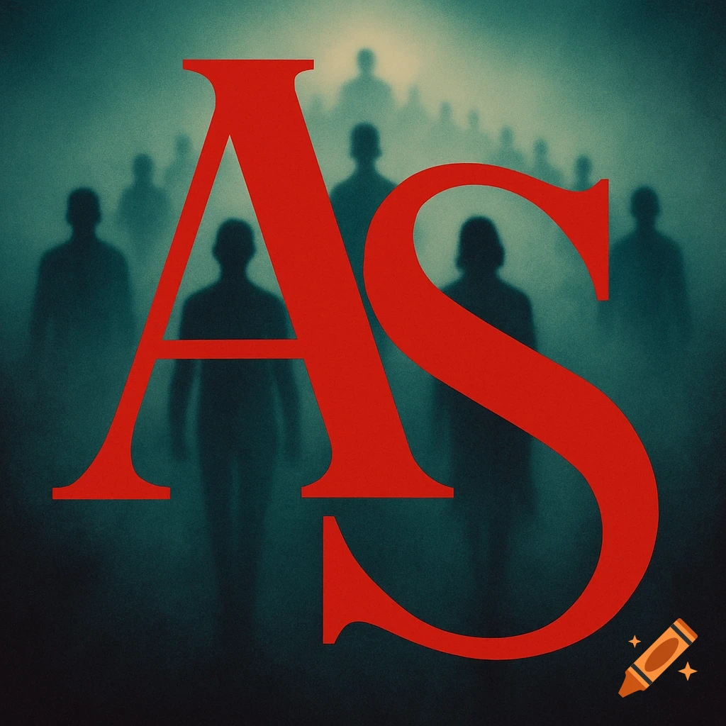 Stylized overlapping red serif letters 'A' and 'S' against a foggy background of shadowy human silhouettes arranged in a triangle.