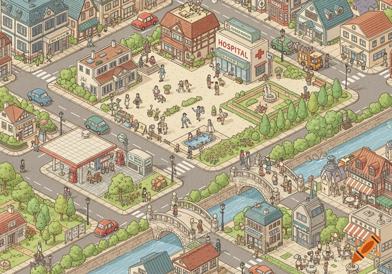 An isometric Studio Ghibli-style map of a detailed town with a hospital, gas station, public square, river with bridges, and many people.