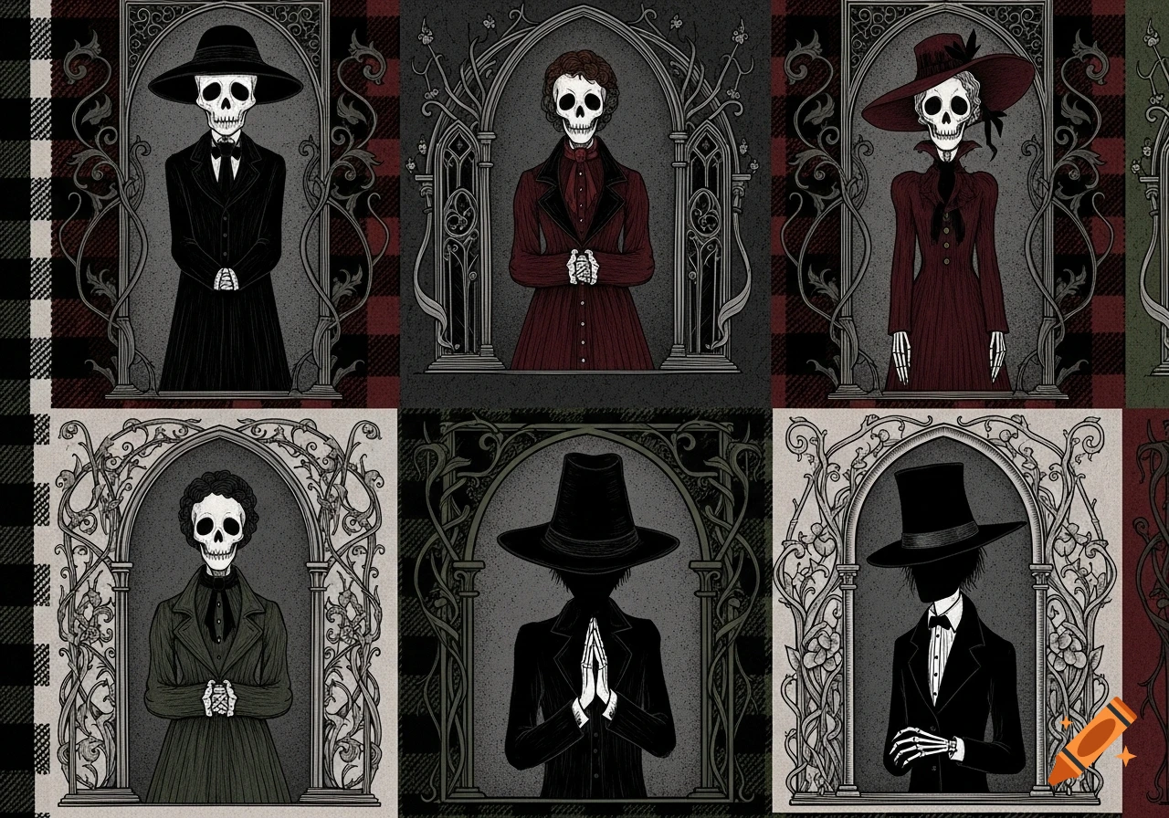 Edward Gorey-style flannel pattern with skeletal figures in gothic attire framed by ornate arches.