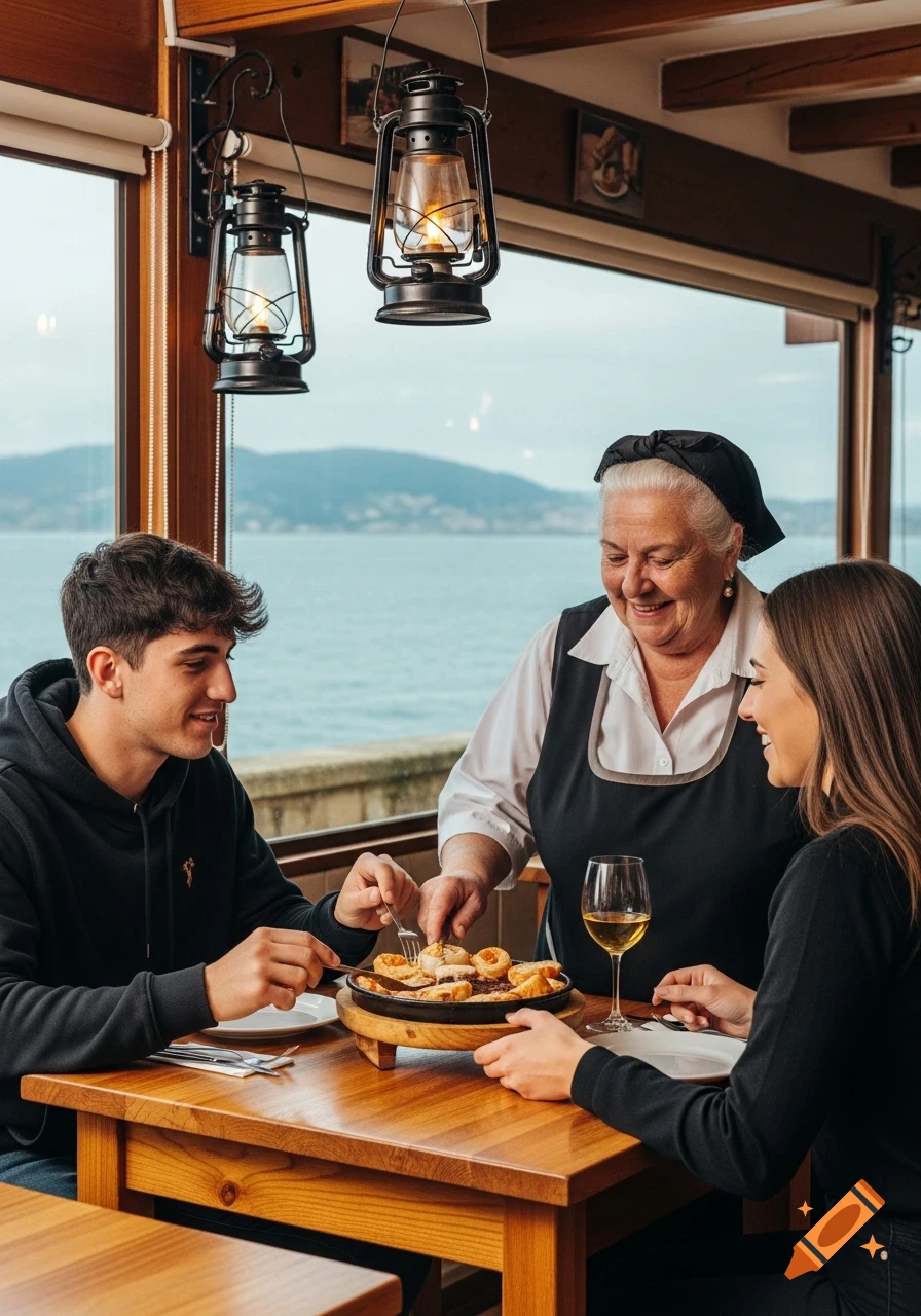 An older woman serves a young man and woman a traditional octopus dish at a restaurant with a sea view.