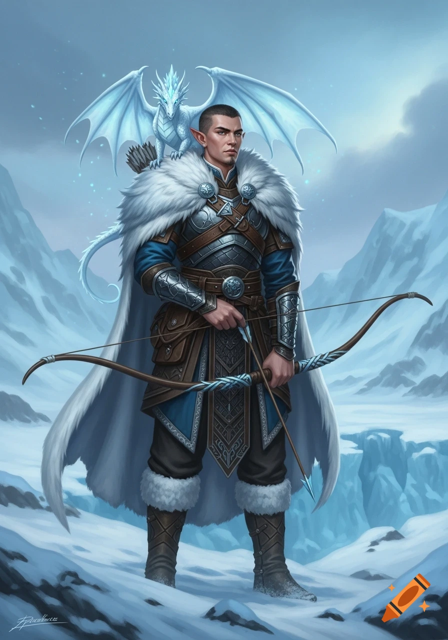 A male wood elf in winter gear holds a longbow, a small white dragon perched on his shoulder, in a snowy arctic landscape.