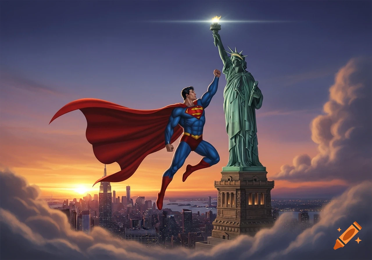 Superman flies next to the Statue of Liberty over a city skyline at sunset in a detailed comic art style.