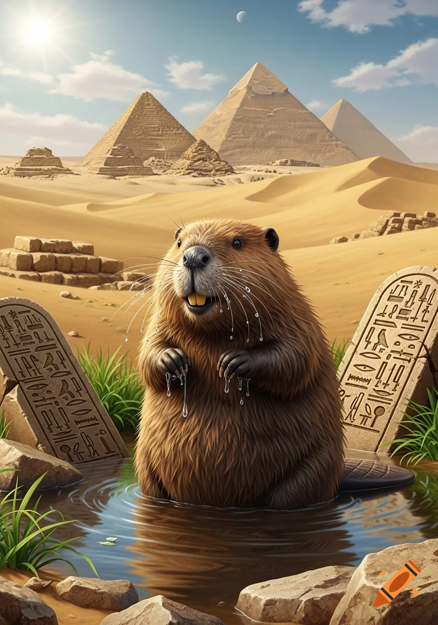 A wet beaver stands in a pool with ancient Egyptian pyramids and hieroglyph tablets in a desert landscape.